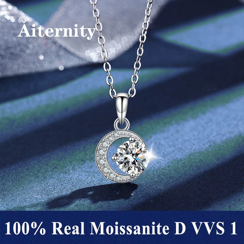Silver 925 6 Prong Moissanite Pendant Necklace for Women Trendy Design D Color VVS Pass Diamond Testing Jewelry with Box GRA