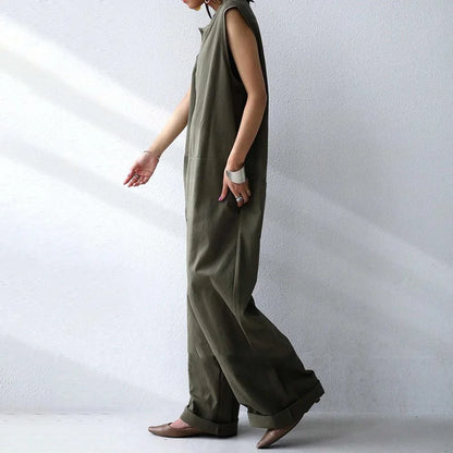Women Jumpsuits Solid Romper Round Neck Sleeveless Full Length Straight Pants Slight Strech Loose Fit Casual Elegant 2026 Summer