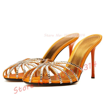 Gemstone High Heel Silk Slippers Women Luxury Caged Stiletto Heels Metallic Slippers Ladies Stylish Cross Strap Summer Shoes