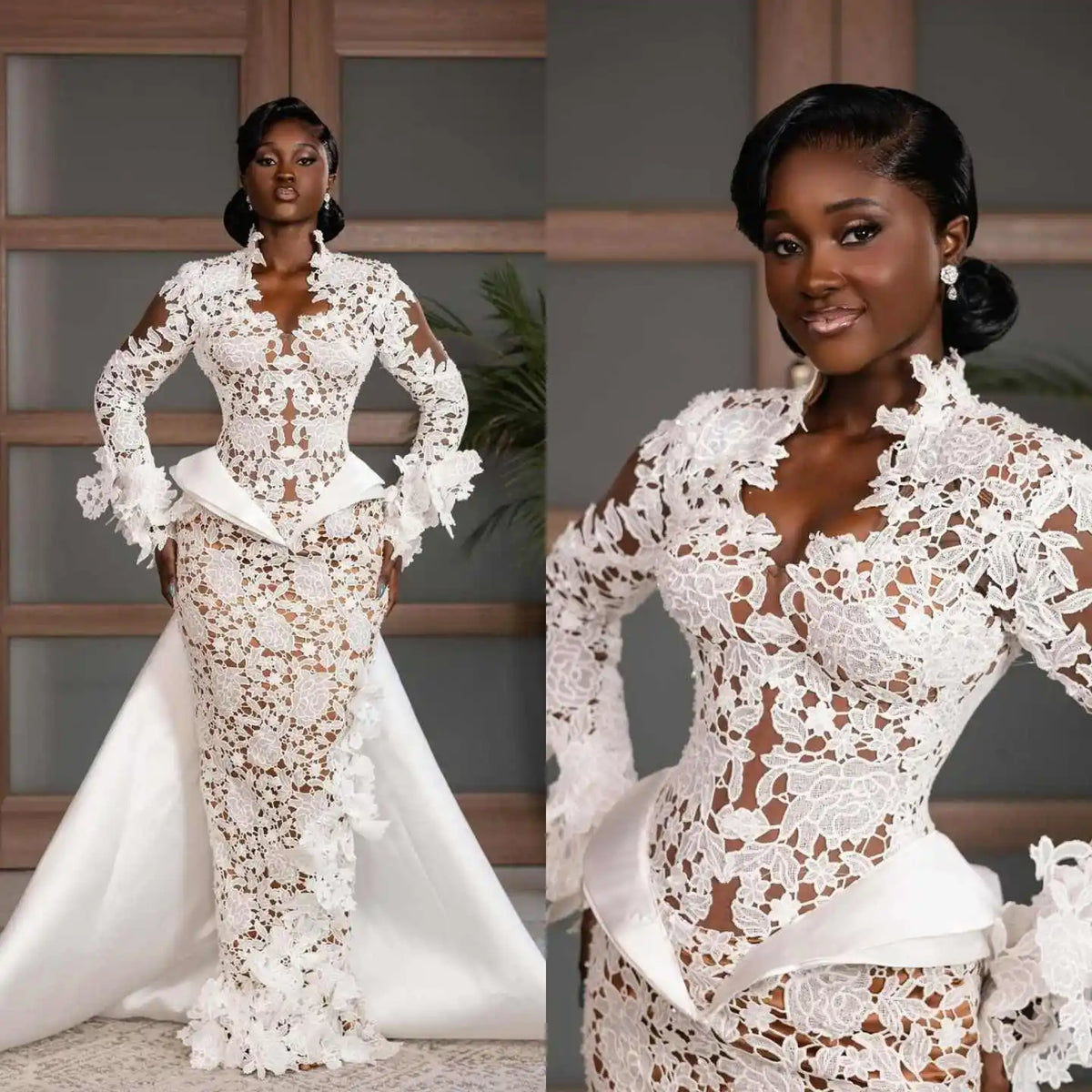 African Mermaid Wedding Dresses Illusion Lace Appliques V Neck Long Sleeve Bridal Gowns Customized Bride Dress With Detachable
