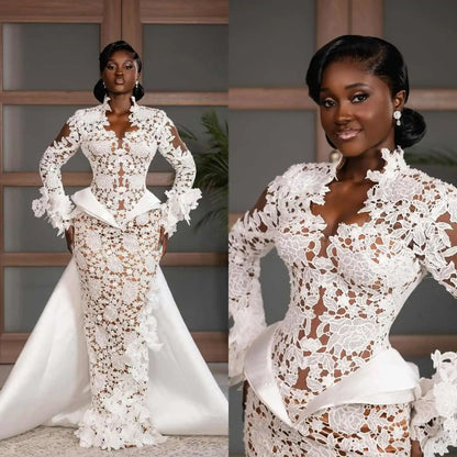 African Mermaid Wedding Dresses Illusion Lace Appliques V Neck Long Sleeve Bridal Gowns Customized Bride Dress With Detachable