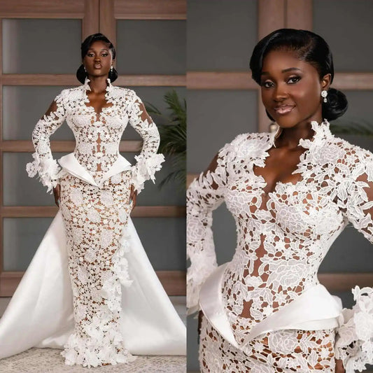 African Mermaid Wedding Dresses Illusion Lace Appliques V Neck Long Sleeve Bridal Gowns Customized Bride Dress With Detachable