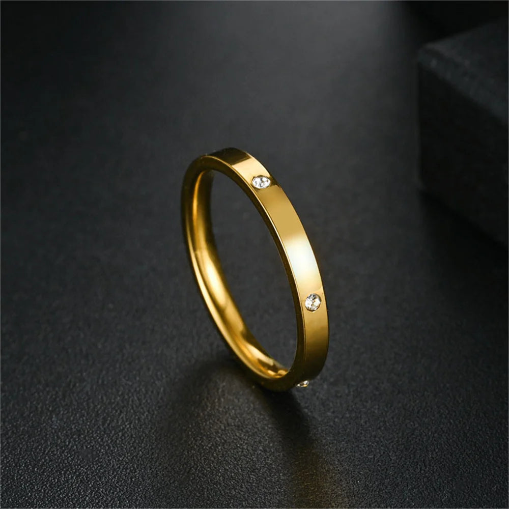 Women's Gold Ring 2mm Thin Silver Color Titanium Stainless Steel Crystal Wedding Rings for Woman Girl Elegant Jewelry Anello