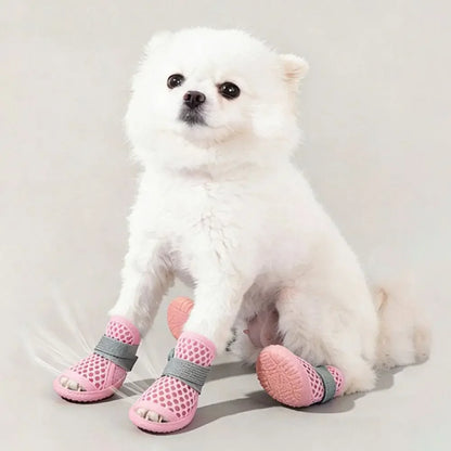 4PC Breathable Mesh Dog Shoes for Small Dogs Summer Pet Sandals Anti Slip Elastic Strap Outdoor Puppy Booties Cute Paw Protector