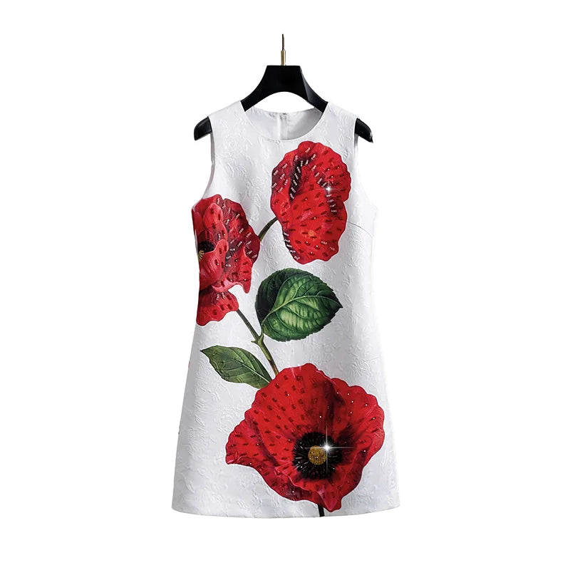 Women White Floral Printed Beaded Dress Sleeveless Round Neck a Line Elegant Summer Party Luxury Jacquard Shift Dress Chic Look