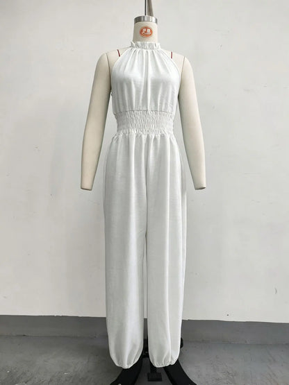 Summer Sexy Halter Sleeveless Pleated Jumpsuit Women Fashion Solid Elastic Waisted Wide Leg Jumpsuit Casual Loose Rompers Street