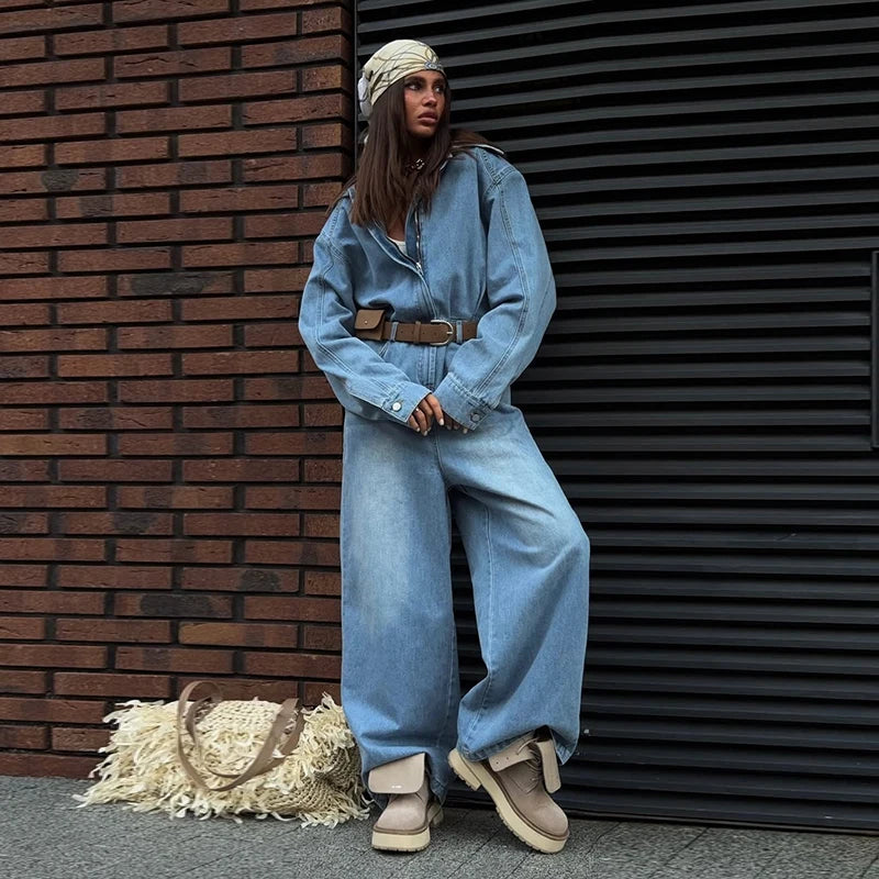 Casual Denim Long Jumpsuits Women Lapel Long Sleeves Zipper Belts Loose Pants Bodysuits Female 2026 Autumn New Chic Streetwears