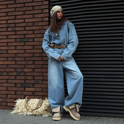 Casual Denim Long Jumpsuits Women Lapel Long Sleeves Zipper Belts Loose Pants Bodysuits Female 2026 Autumn New Chic Streetwears