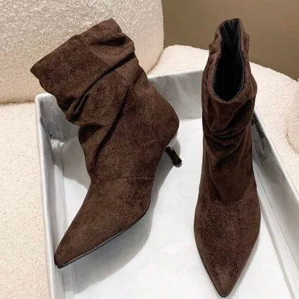 Brown Retro Elegant Designer Ankle Boots Women Fashion Pleated Suede Autumn Winter Kitten Heels Party Prom Chelsea Shoes