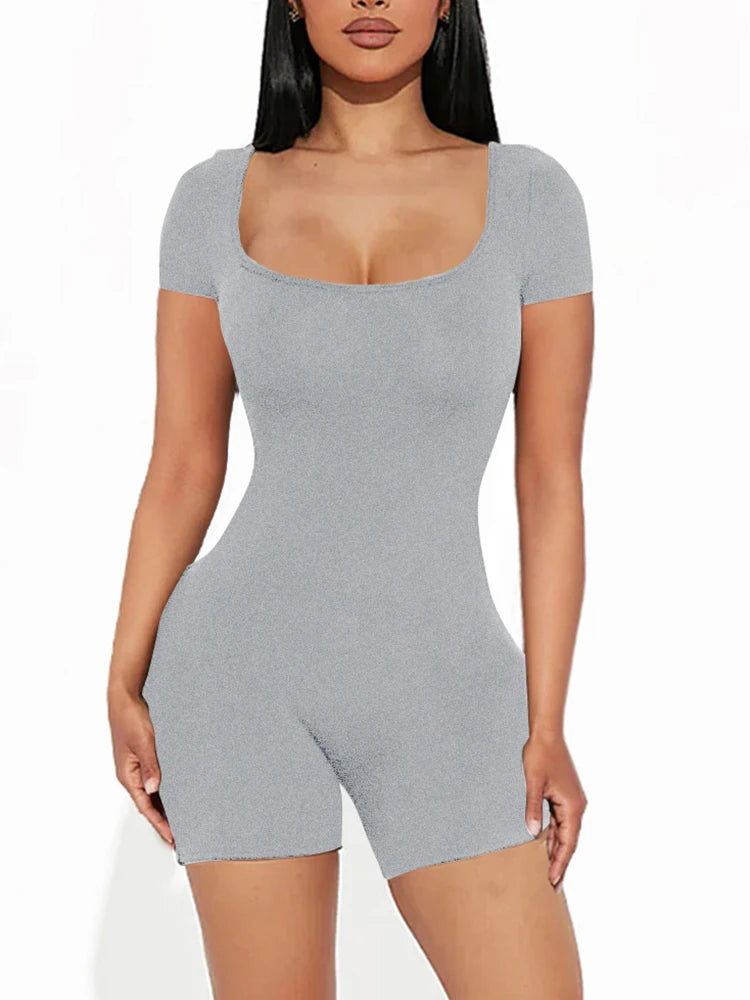 2025 Summer New Women's Sexy Solid Color Short Sleeve U Neck Jumpsuit Short Jumpsuit Yoga Fitness One Piece Polyester