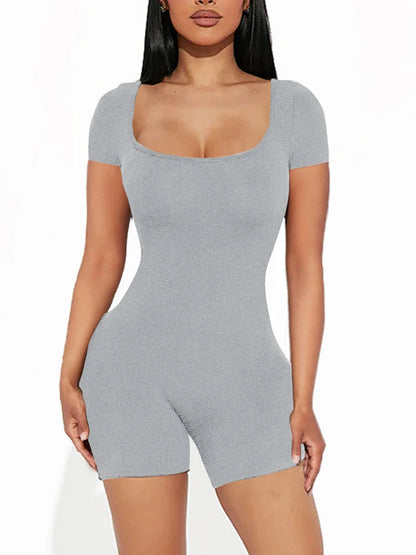 2025 Summer New Women's Sexy Solid Color Short Sleeve U Neck Jumpsuit Short Jumpsuit Yoga Fitness One Piece Polyester