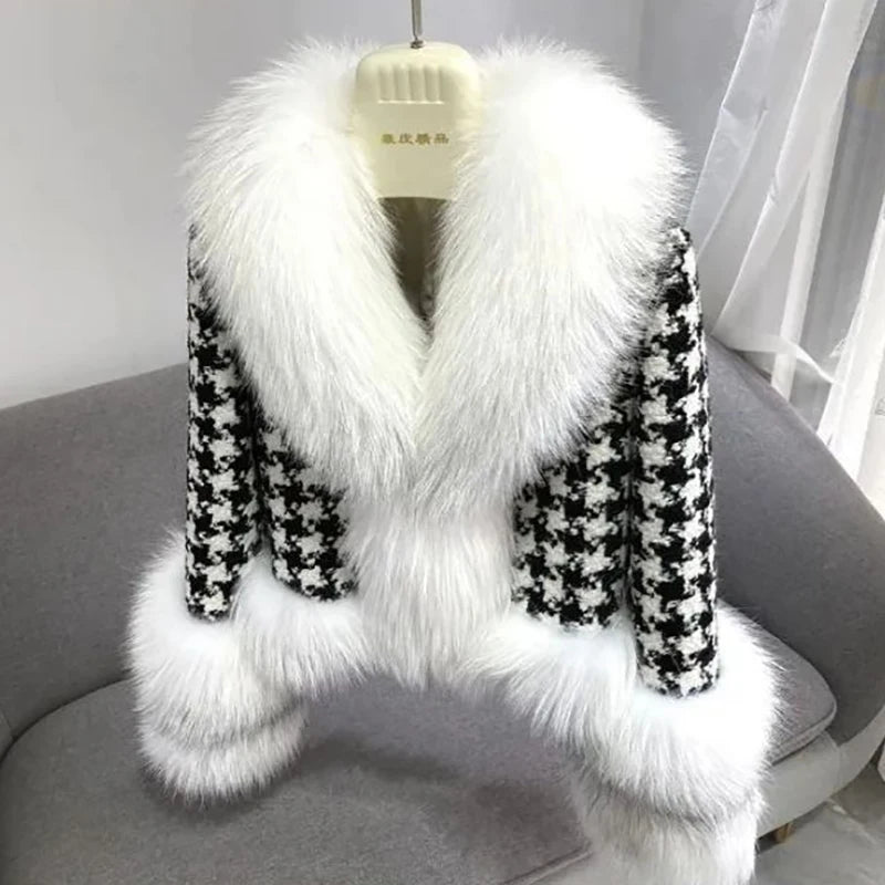 Autumn Winter Women Fur Coat Luxury Warm Short Thousand Bird Check Fur Collar Faux Fur Jackets Fashion Adjustable Waist Coats