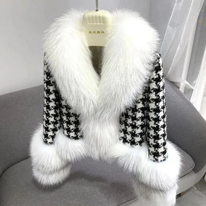Autumn Winter Women Fur Coat Luxury Warm Short Thousand Bird Check Fur Collar Faux Fur Jackets Fashion Adjustable Waist Coats