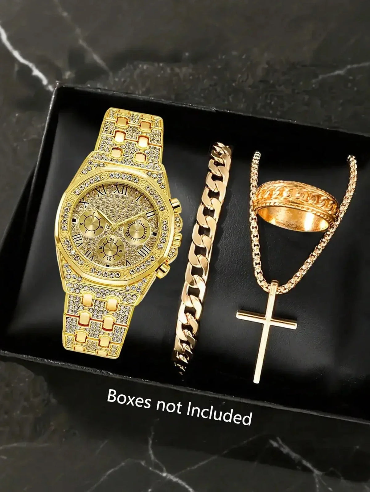 Fashion watch gift set, diamond studded hip-hop watch bracelet necklace set, quartz watch set