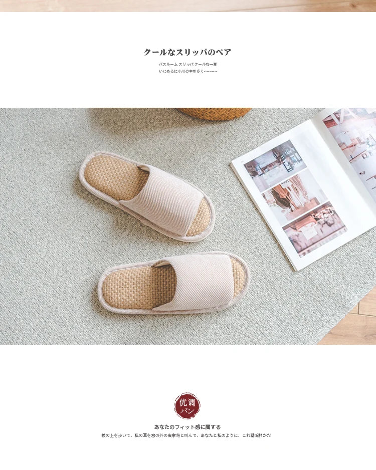 UTUNE Natural Linen Women's Slippers Mute Comfortable Indoor Home Couple Shoes Soft Sole Anti-slip Couple Four Season Slides