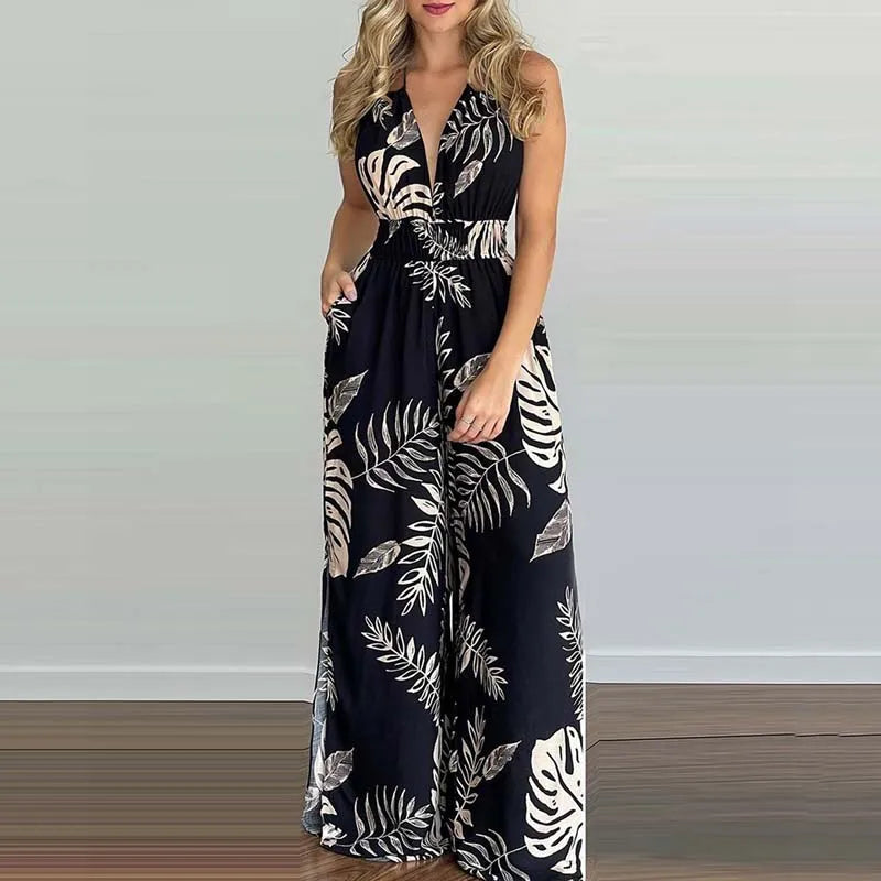 New Summer Sleeveless Halter Jumpsuits for Women Backless Print Lace-up Wide-leg Women Jumpsuit Rompers Womens Jumpsuit