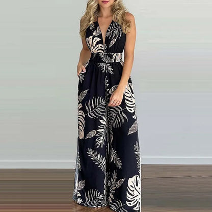 New Summer Sleeveless Halter Jumpsuits for Women Backless Print Lace-up Wide-leg Women Jumpsuit Rompers Womens Jumpsuit