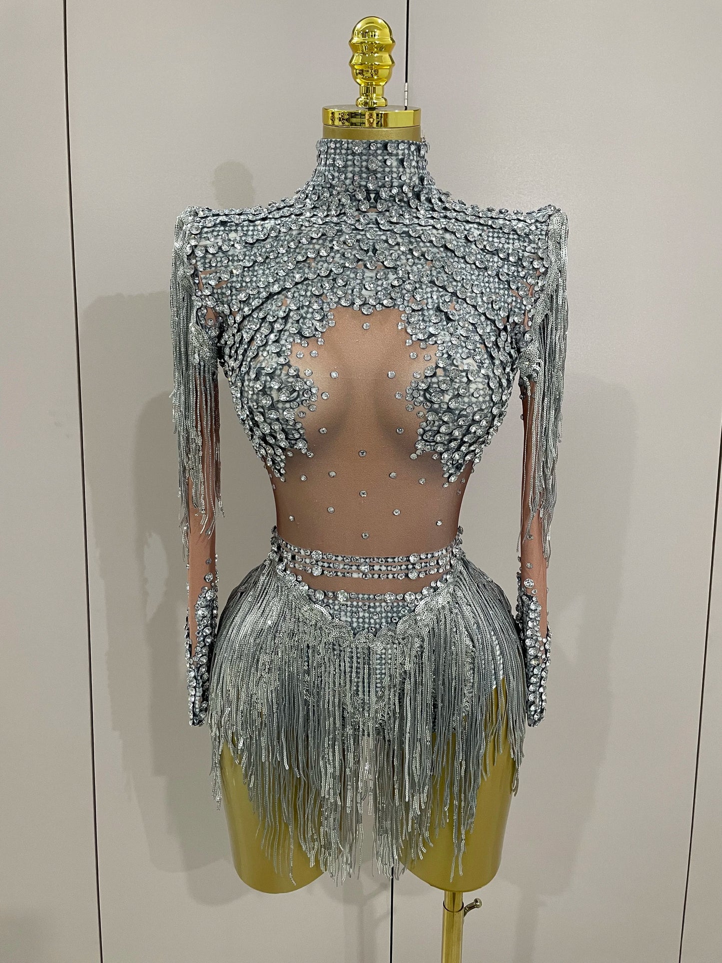 Sparkly Rhinestone Sequin Tassel Stretch Bodysuits 2025 New Arrival Women Birthday Party Nightclub Dj Stage Performance Costume