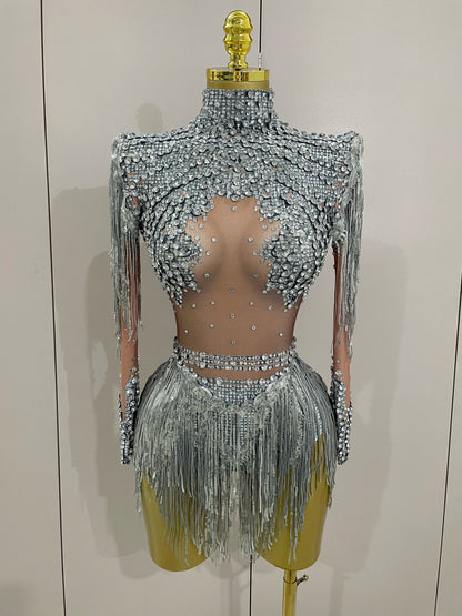 Sparkly Rhinestone Sequin Tassel Stretch Bodysuits 2025 New Arrival Women Birthday Party Nightclub Dj Stage Performance Costume