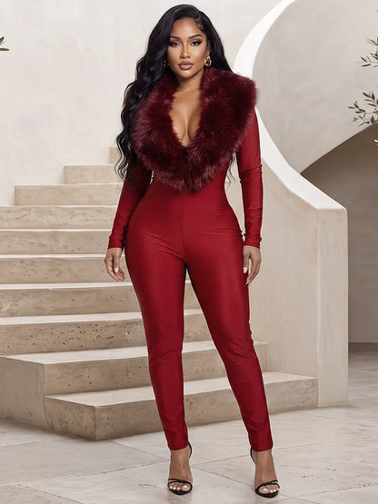 Weird Puss Plush Patchwork Jumpsuits Woman Autumn Trend Low-Neck Full Sleeve Skinny Stretch Midnight Club Party Fashion Overalls