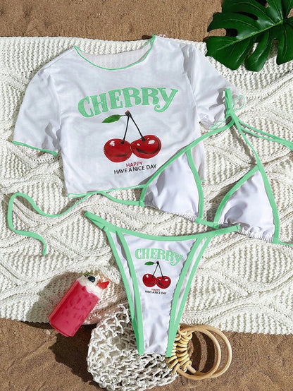 Cute Halter Bikini 3 Pieces Cherry Print 2026 Sexy & Fresh Feeling Bathing Suit Three-Piece Swimsuit Dark Blue Beach Swimwear