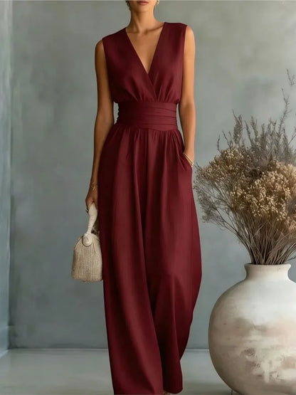 Summer Sexy Deep V-neck Short Sleeve Jumpsuits Elegant Women Solid High Waist Rompers Casual Sleeveless Wide Leg Pants Jumpsuit