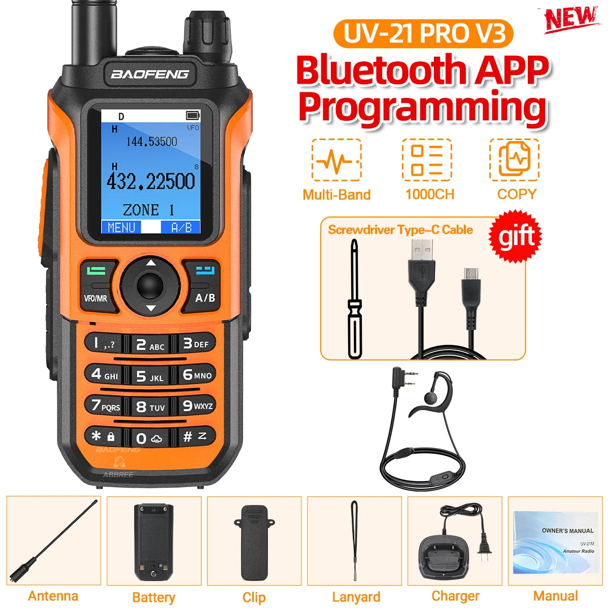 Baofeng UV-21 Pro Walkie Talkie V2 Multi-band Wireless Copy Frequency Waterproof Long Range Type-C Two Way Radio For Camping