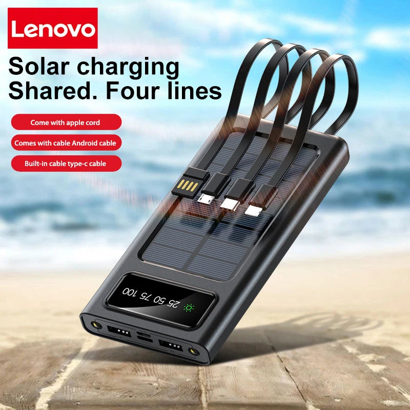 Lenovo Solar Power Bank 200000mAh Large Capacity Mobile Power Fast Charging Battery With Dual USB 4-Cables For iPhone Samsung
