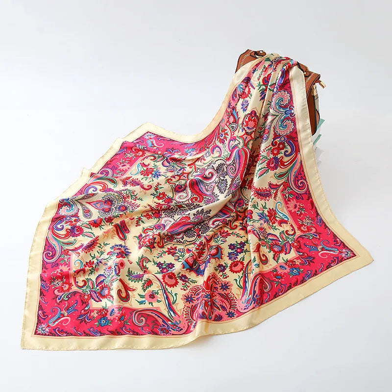 90cm Square Silk Scarf Women Luxury Brand Satin Print Hijab Scarves Muslim Pareo Bandana Female Shawl Wrap Headband Foulard New