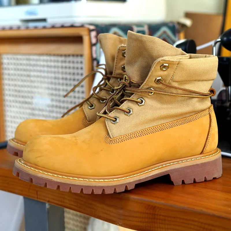 Casual Men Ankle Boots Lace Up Round Toe Cow Suede Leather Patchwork Canvas High Top Shoes Workwear Boots Hard Wearing Footwear