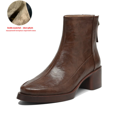Plus Size 34-43 Cow Skin Round Toe Zipper High Heels Modern Motorcycles Boots Warm Winter Shoes Dating Retro Brand Ankle Boots