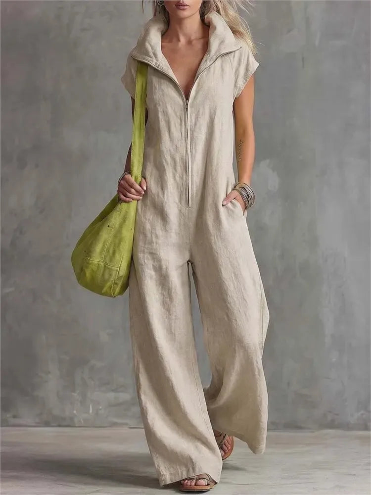 Summer New Fashion Zipper Lapel Short-sleeved Loose Women's Jumpsuit 2026 Loose Simple Pocket Casual Vacation Female Jumpsuit