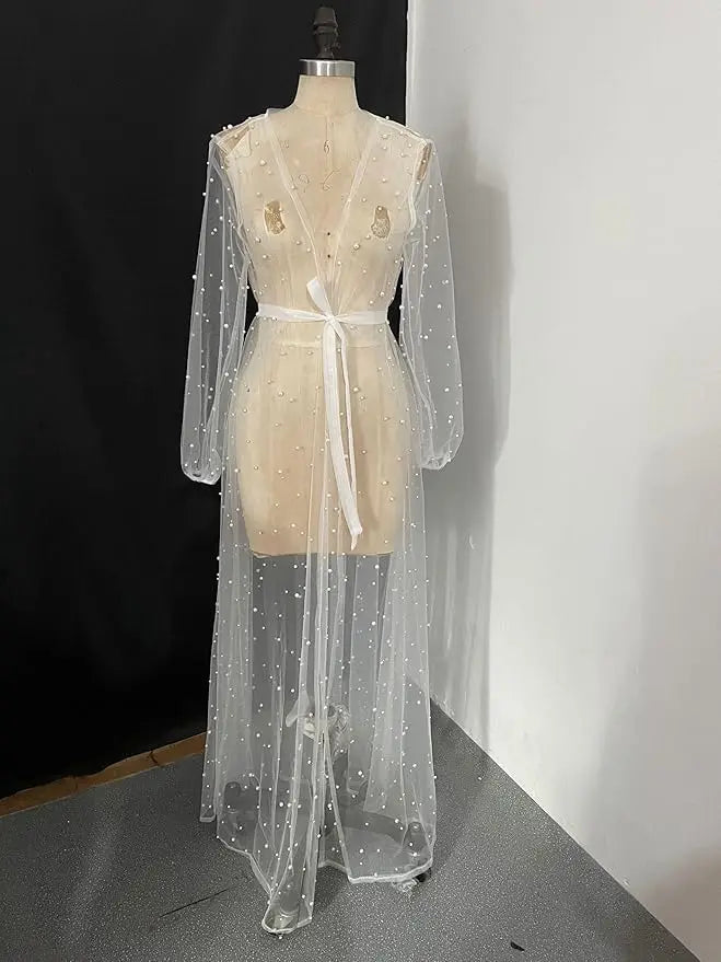 Maternity Gown for Baby Shower Dressing Gown Perspective Sheer Skirt Long Tulle Bridal Robe Puffy Sleepwear for Women Nightwear
