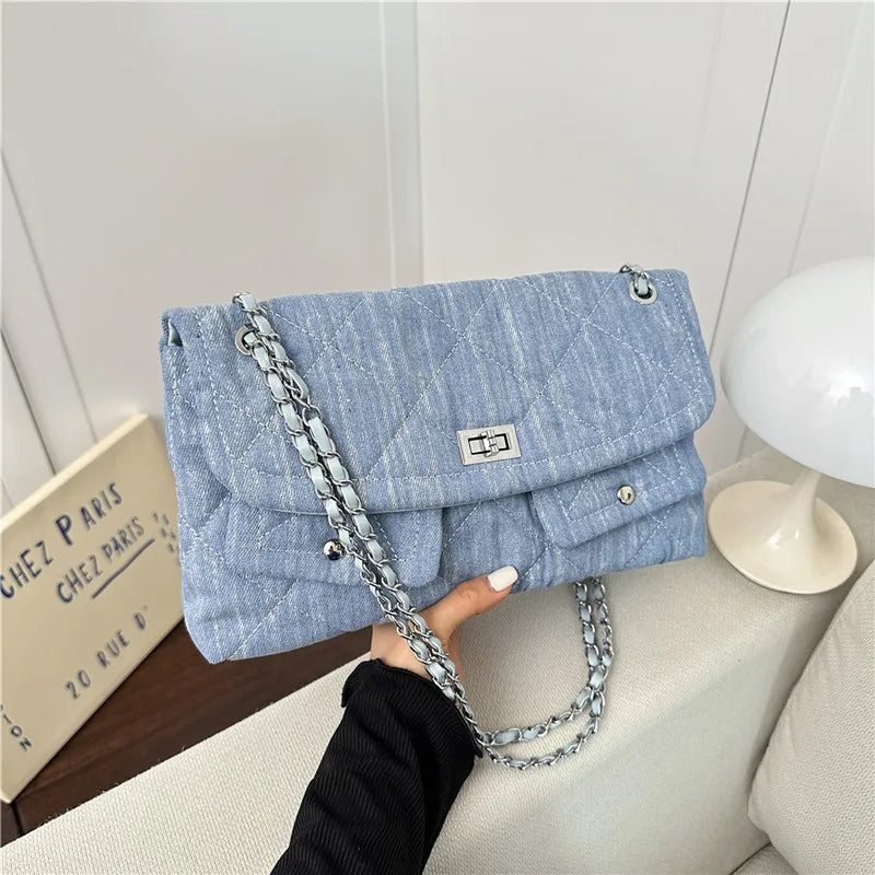 Korean Brand Shoulder Bag 2026 New Denim Side Bags for Women Ladies Crossbody Solid Fashion Chain Designer Daily Commuter City