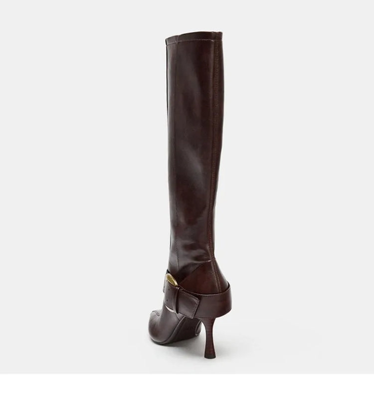 Winter Fashion Sexy Soft Leather Knee High Boots Women Metal Belt Buckle Ladies Zip Pointed Toe Designer Heels Long Shoes
