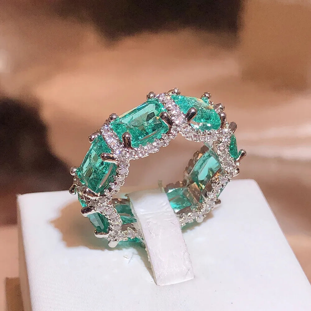 925 Silver Plated Exquisite Blue Green Moissanite Ring Fire Sparkling Luxury Open Ring Female Party Birthday Jewelry Gift