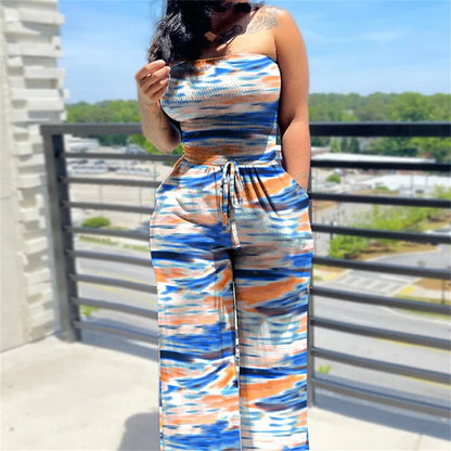 Women's Sexy Strapless One Piece Printed Pants Summer Fashion Lace Up High Waisted Slim Sleeveless Female Beach Holiday Jumpsuit