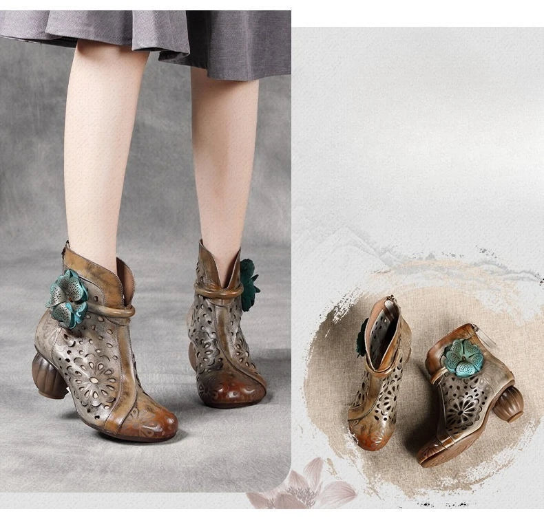 Myjyjz 6cm Genuine Leather Chunky Heels Hollow Women Shoes Ethnic Ankle Boots Zip Summer Pumps Flower Sandals (Size Runs Small）