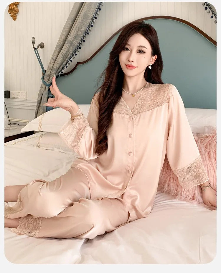 Women's Ice Silk Long-Sleeve Shirt and Full-Length Bottom Pajama Set Soft Warm Loungewear