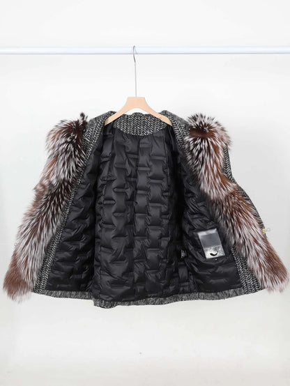 Maomaokong high-end Wool fabric Luxury Women's Big Fox Fur Collar Puffer Jacket Natural Fur down Coat Winter Thickened Warm