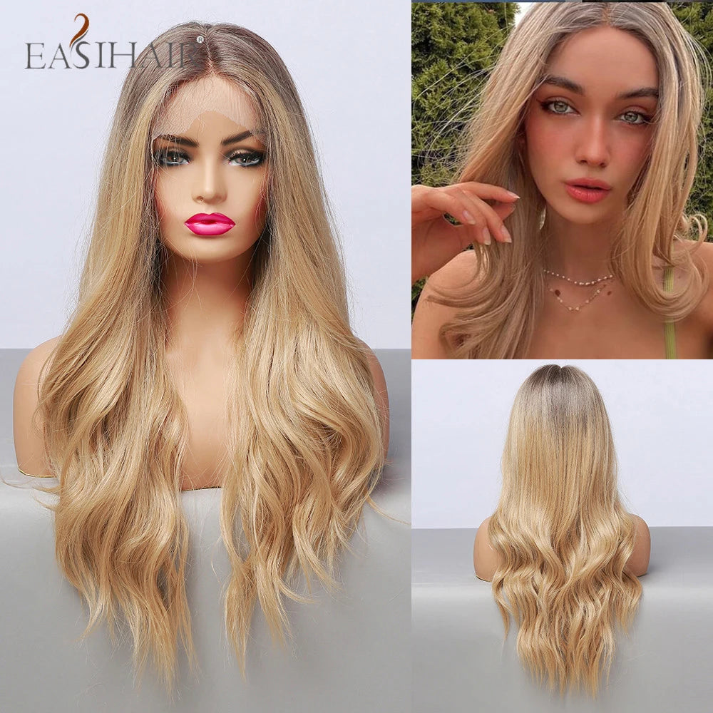 EASIHAIR Lace Front Hair Wigs Brown Long Straight Synthetic Lace Wigs for Black Women Daily Cosplay Party Heat Resistant Fibers