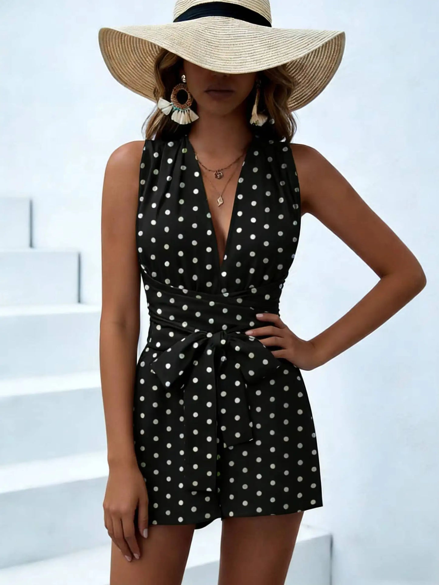 Women Halter Sleeveless Deep V Belted Polka Dot Fitted Romper Boho Spring Summer Vacation Beach Lightweight Breathable Romper