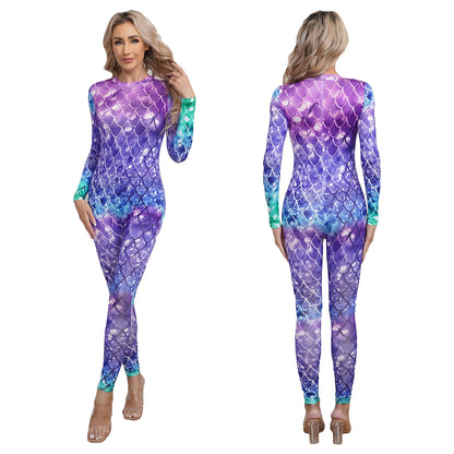 Womens Rash Guard One Piece Swimsuit Mermaid Fish Scale Print Long Sleeve Back Zipper Full Body Tops Sexy Swimwear Jumpsuit