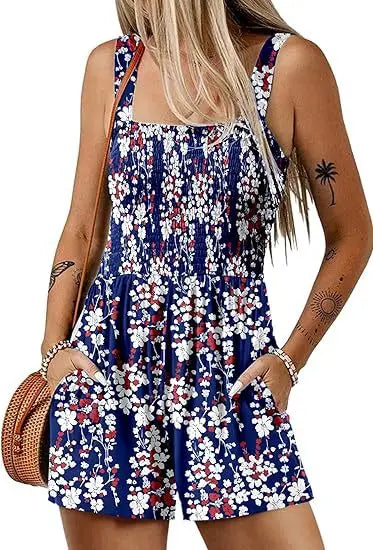 Femmes Print Jumpsuit Fashion Boho Beach Party Jumpsuits Lady Casual Sleeveless Pockets High Waist Shorts Jumpsuits Summer New