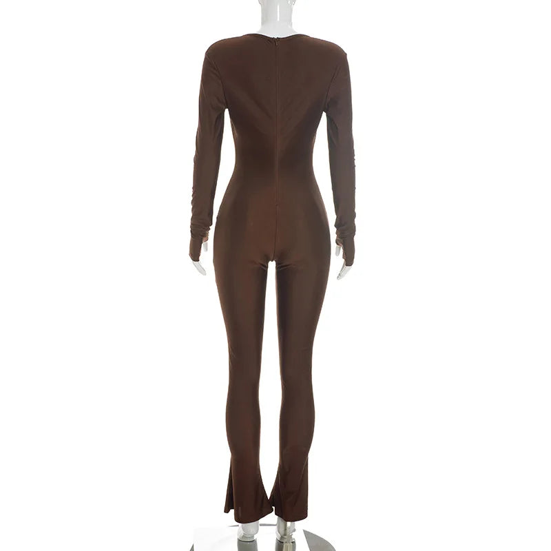 Joskaa Women Cutout Long Sleeve Jumpsuit with Tube Tops Sexy O-neck Back Zipper Thumb Hole Design Bodycon Rompers Party Clubwear