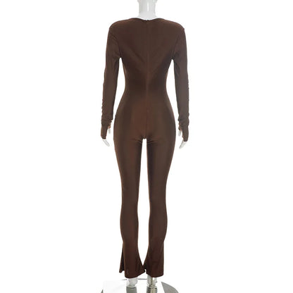 Joskaa Women Cutout Long Sleeve Jumpsuit with Tube Tops Sexy O-neck Back Zipper Thumb Hole Design Bodycon Rompers Party Clubwear