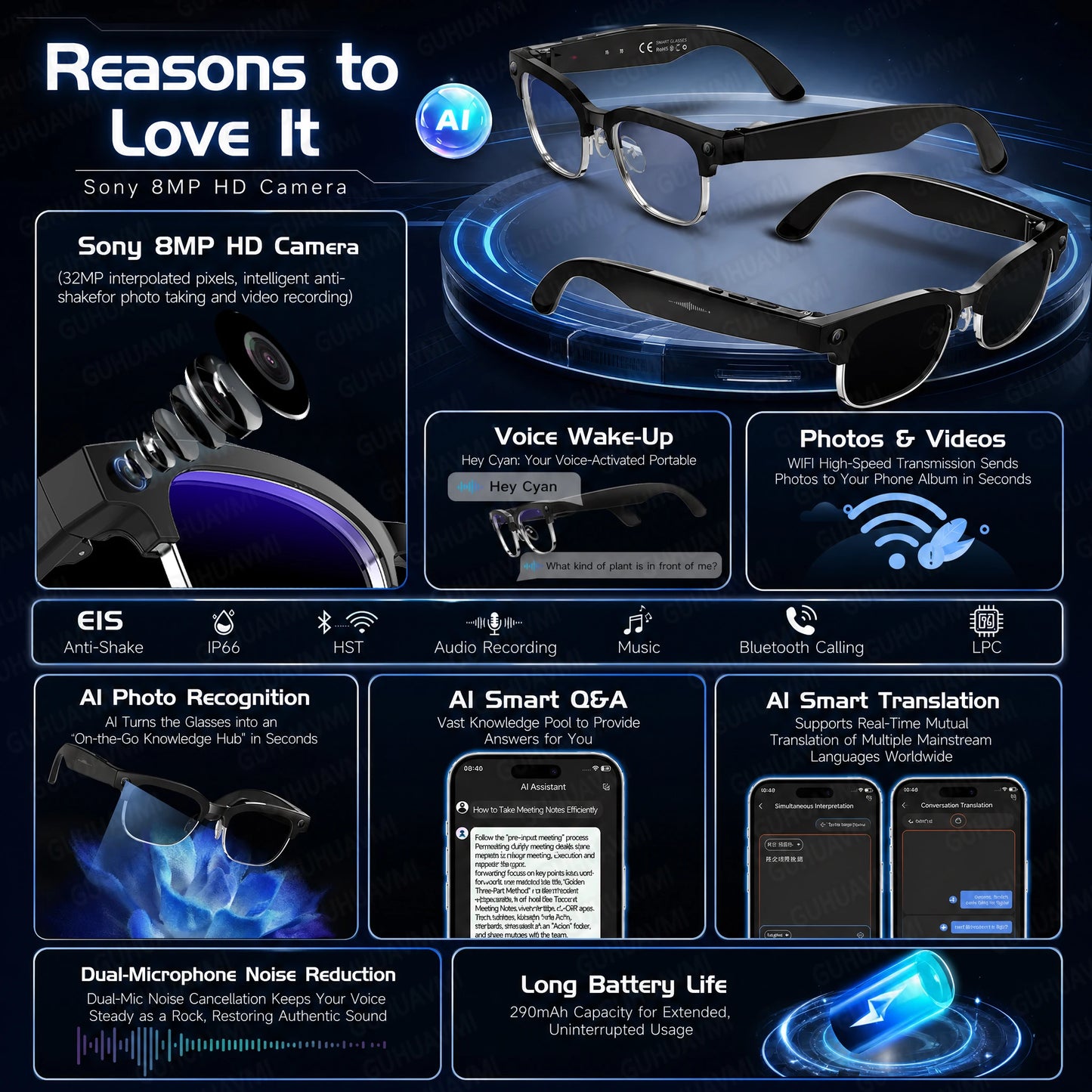 New AI Smart Glasses Various Language Translation 800W Pixel Camera Video Music Player Call Business 8K Color Change Glasses Men