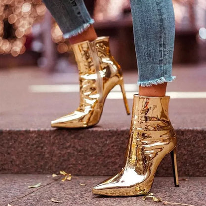 Design Ankle Boots Women Fashion Zipper Pointed  High Heels Gold Silver Patent Leather Short Booties Shoes Catwalk Shoes