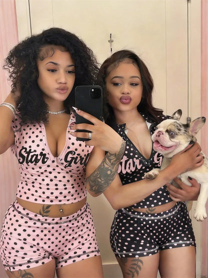 Kliou Polka Dot Print 2 Piece Set Woman Zip Turtleneck Short Sleeve Crop Tops+Skinny Shorts Street Sexy Fashion Style Outfits