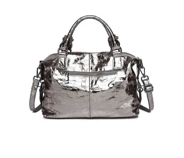 Real Leather Shiny Tote Handbags For Women Fashion Genuine Cowhide Leather Metallic Lady Bags With Shiny Embossed Coating